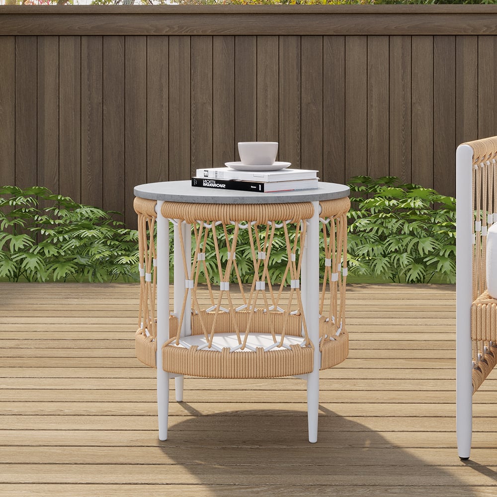 Outdoor 3-piece swivel sofa set with aluminum frame, weave rope, and side table in khaki