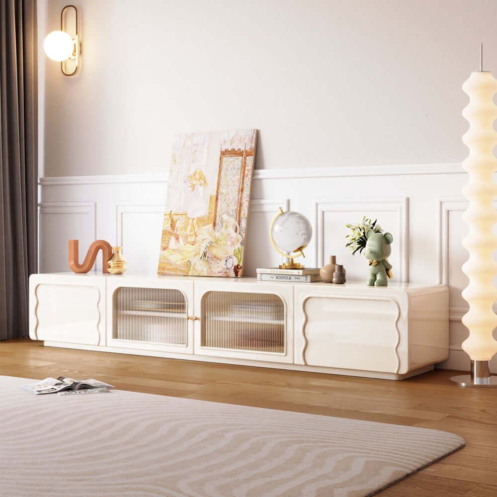 Beige rectangular TV stand measuring 78.7 inches with 4 doors and ample storage space