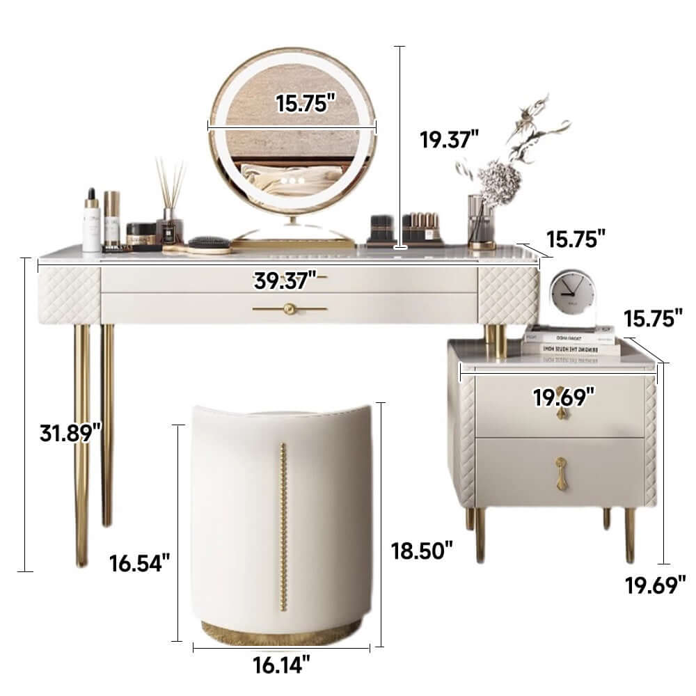 Makeup vanity set with slate top, LED mirror, drawer, and matching chair for bedroom