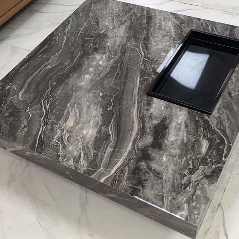 Square coffee table with luxury marbled top and sturdy metal legs
