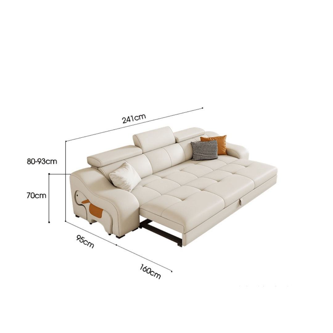 Space-saving sofa bed with a cute pony stool, perfect transformable furniture for small spaces