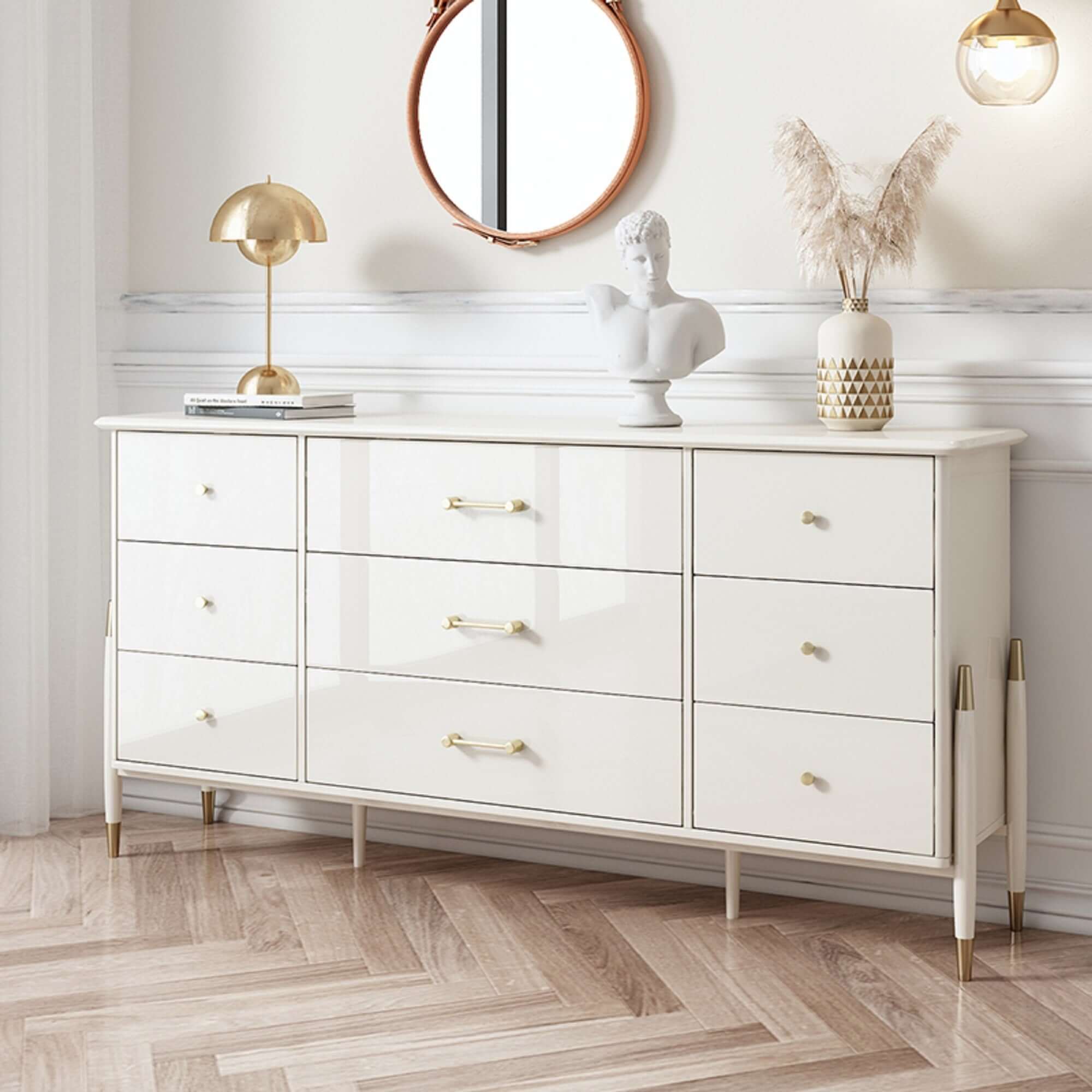 Beige storage cabinet featuring multiple drawers for organized home storage