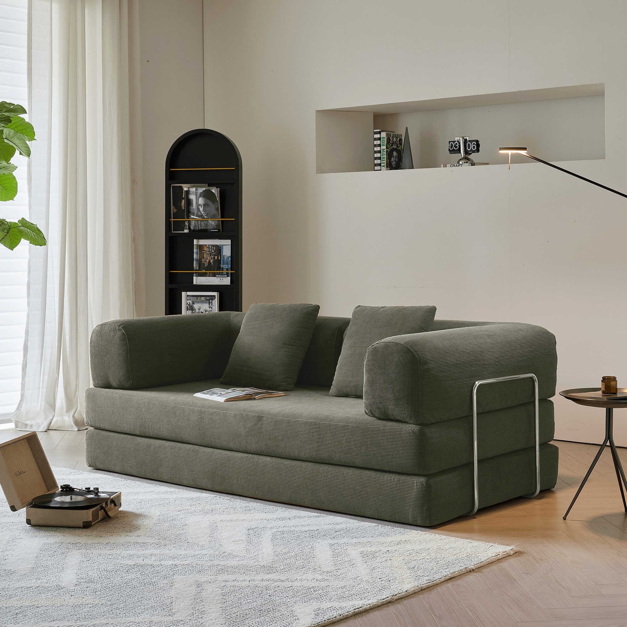 Convertible sofa bed upholstered with soft corduroy fabric, measuring 78.7 inches