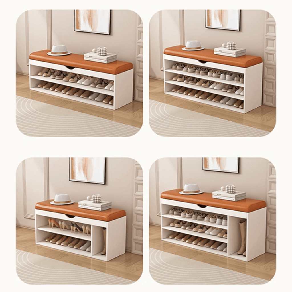 Modern white and orange shoe bench with upholstered seat and space-saving storage