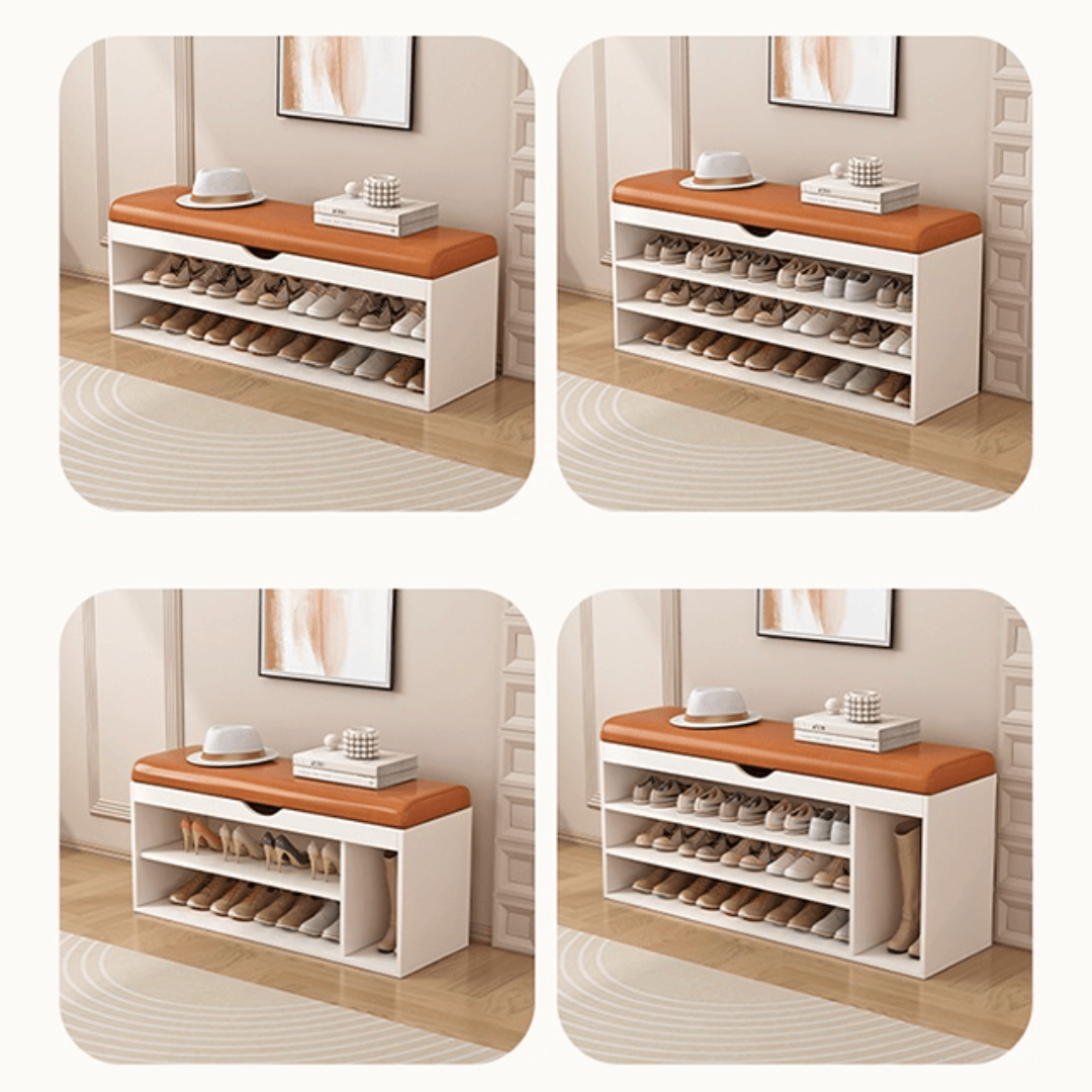 Modern white and orange shoe bench with upholstered seat and space-saving storage