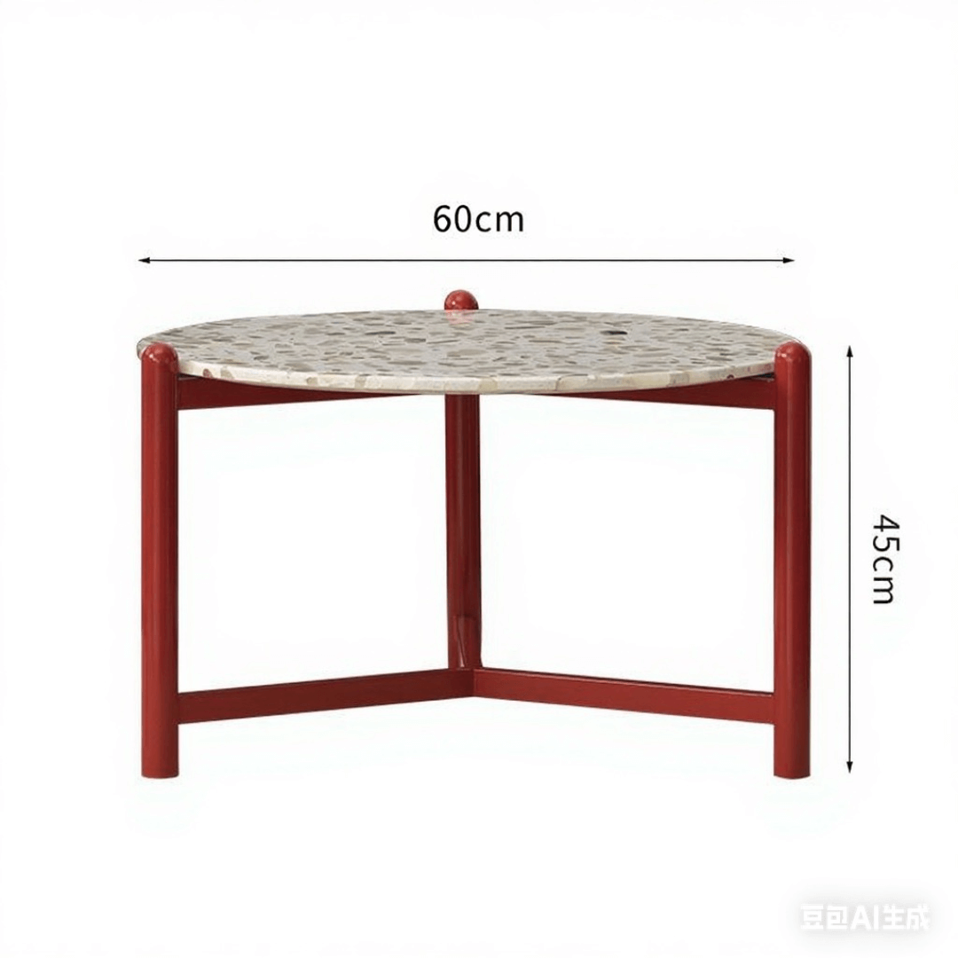 Round side table with vibrant red terrazzo top, featuring a modern minimalist design