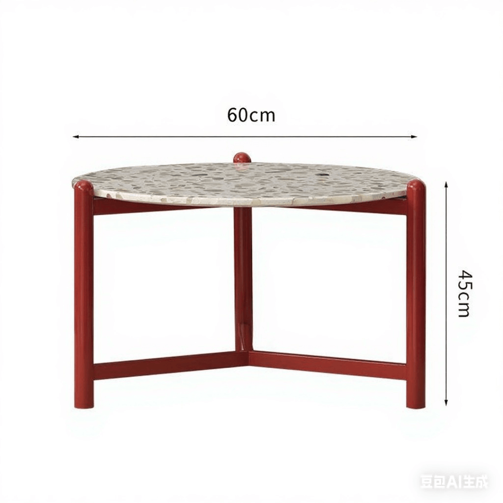 Round side table with vibrant red terrazzo top, featuring a modern minimalist design