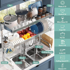 Over Sink Dish Drainer Drying Rack 3-Tier 304 Stainless Steel Large Dish Racks Sliver 25.5"-35.5"