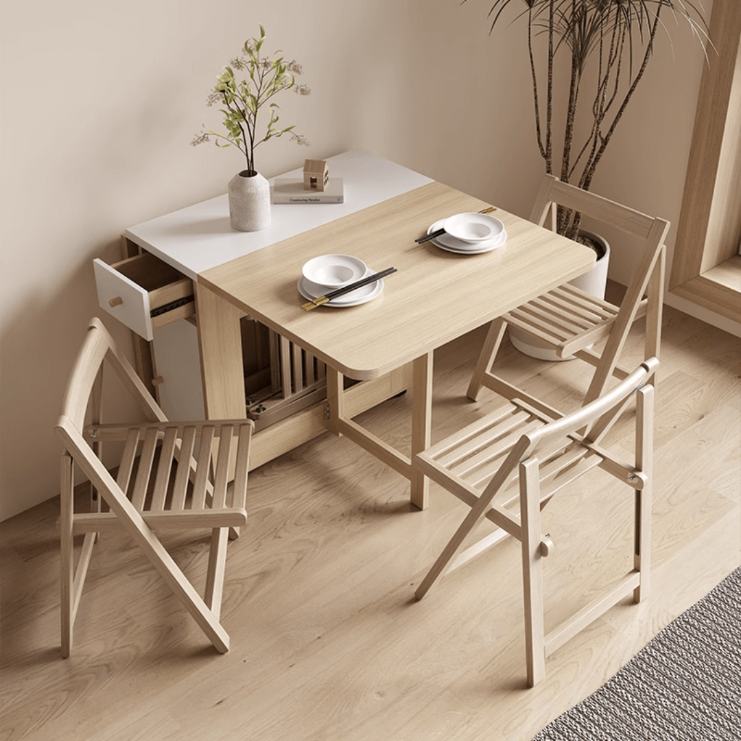Expandable modern minimalist dining table set with chairs for stylish, space-saving meals main product image Hauptbild