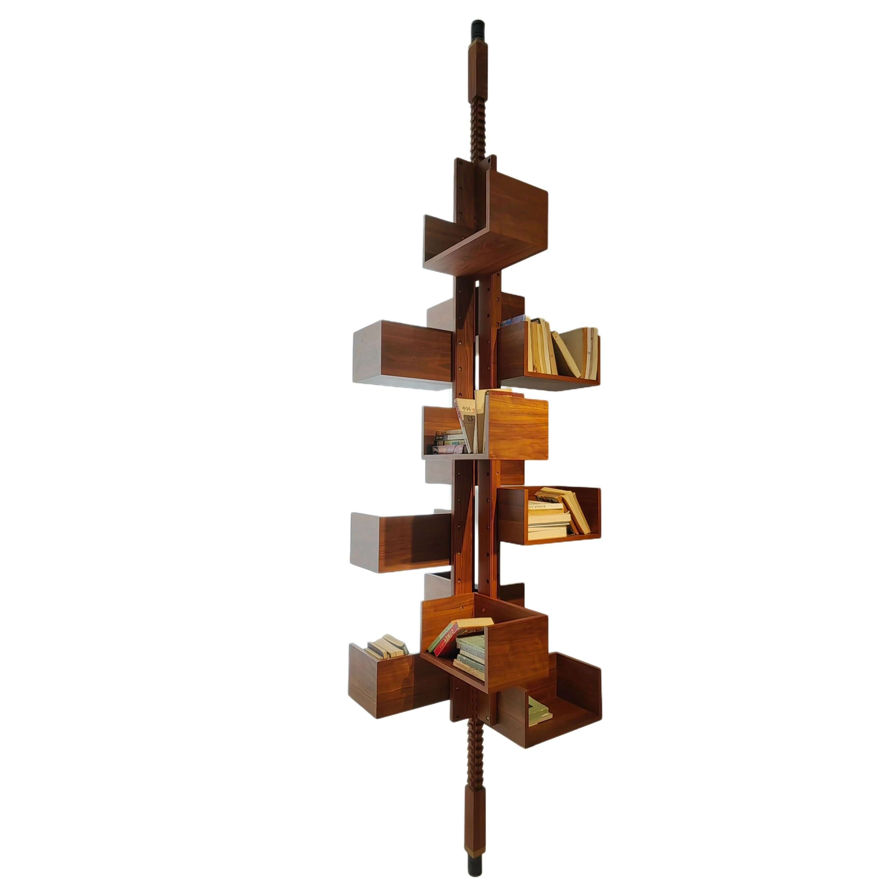 360-degree rotating walnut wood bookshelf extending from floor to ceiling for stylish storage
