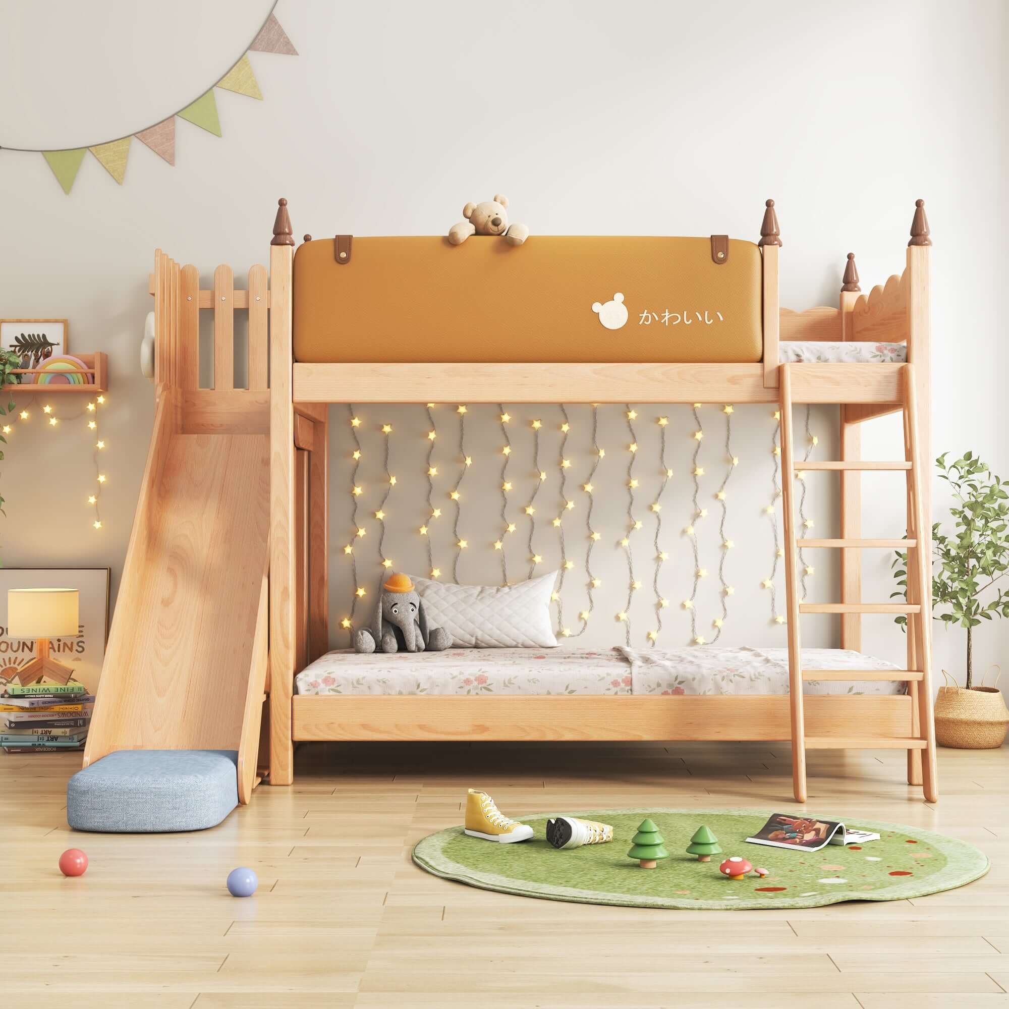 Solid wood children's bunk bed with slide, storage, and play tent for kids' bedroom