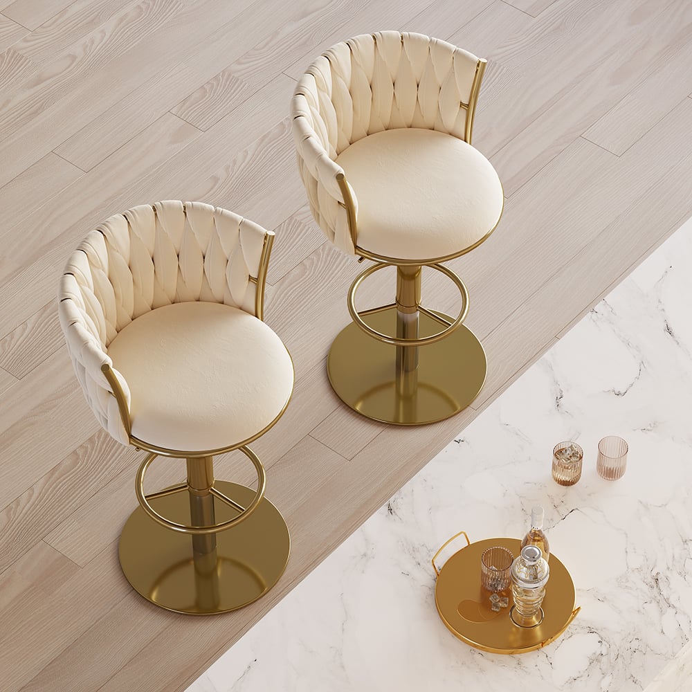 Set of 2 gray swivel bar stools with velvet curved back and adjustable height