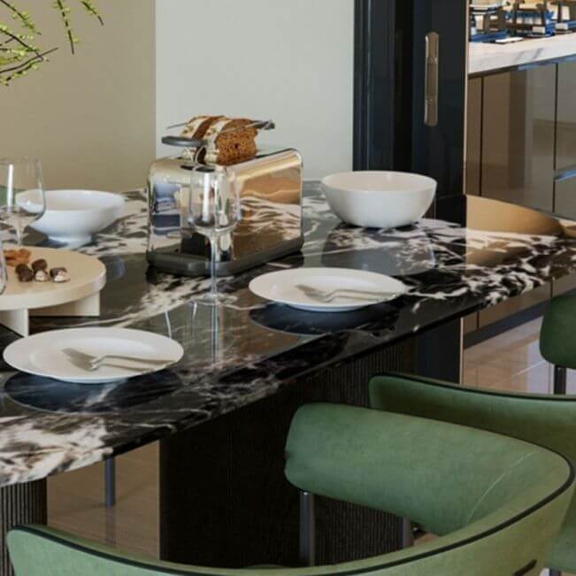 Modern oval black marble dining table with double pedestal base for stylish dining rooms