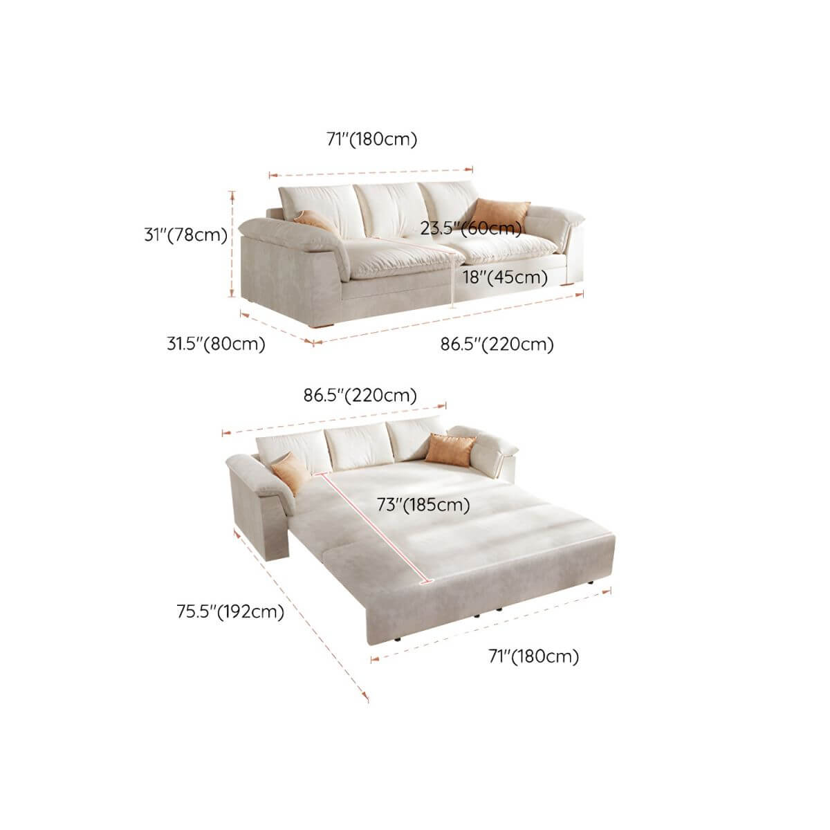 Nordic upholstered sofa bed with storage, 30.7 inches tall sleeper sofa for small spaces