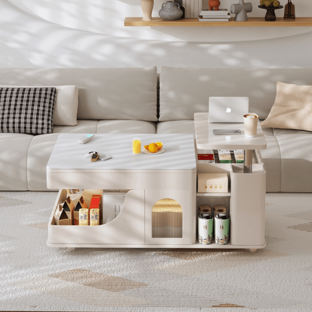 Cream lift-top coffee table with smart storage and easy mobility for modern living rooms