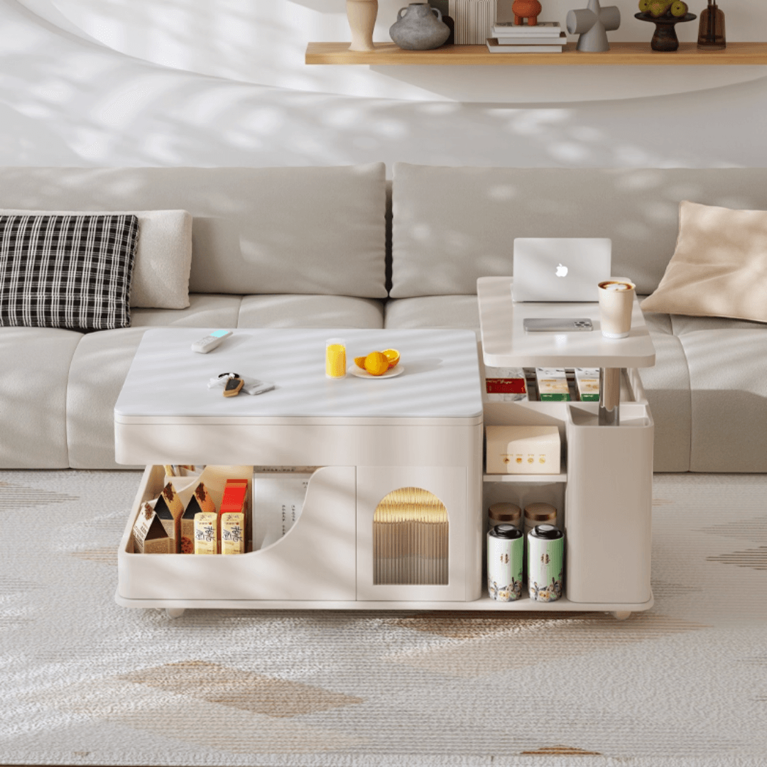 Cream lift-top coffee table with smart storage and easy mobility for modern living rooms