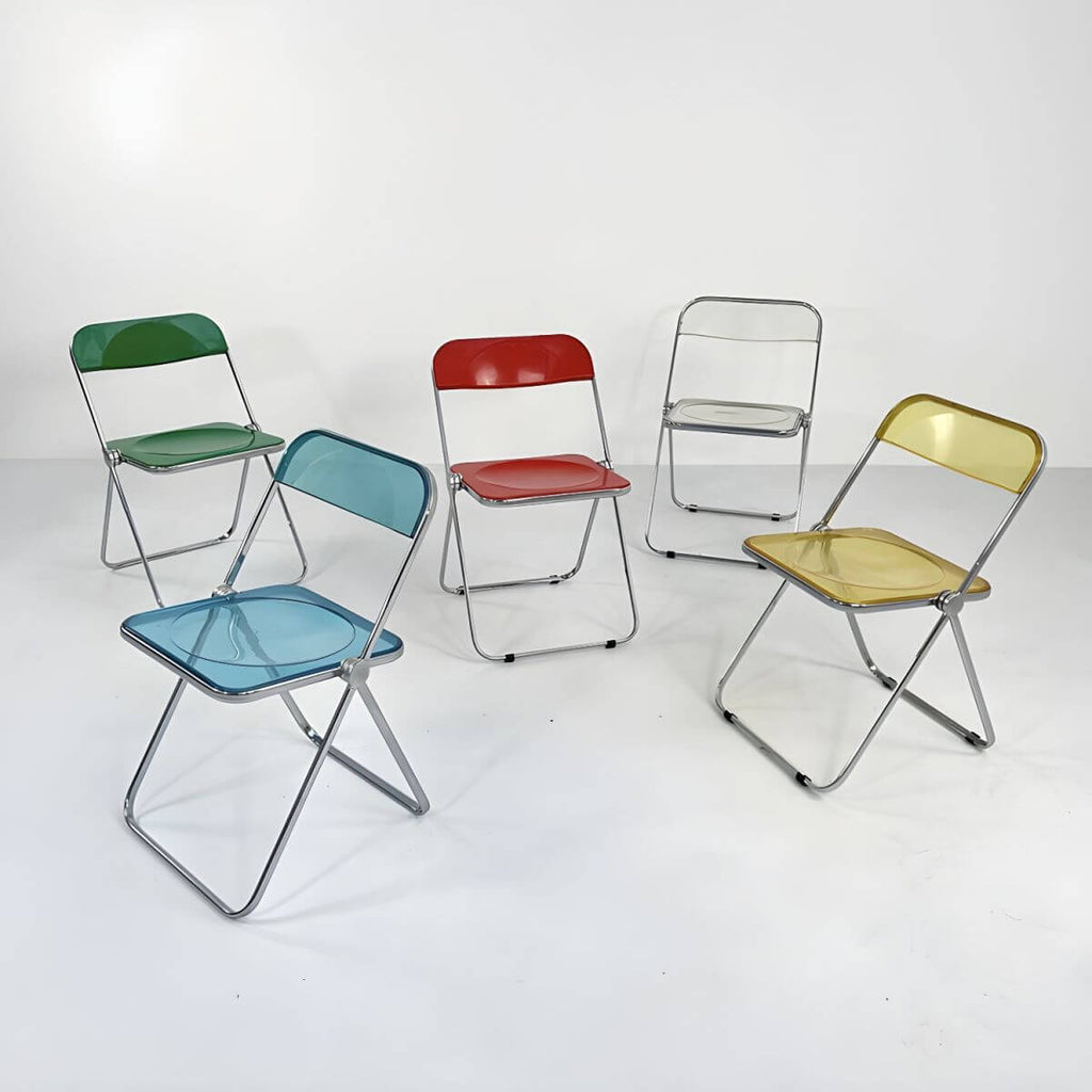 Contemporary acrylic folding armless chair with open back, ideal for dining rooms