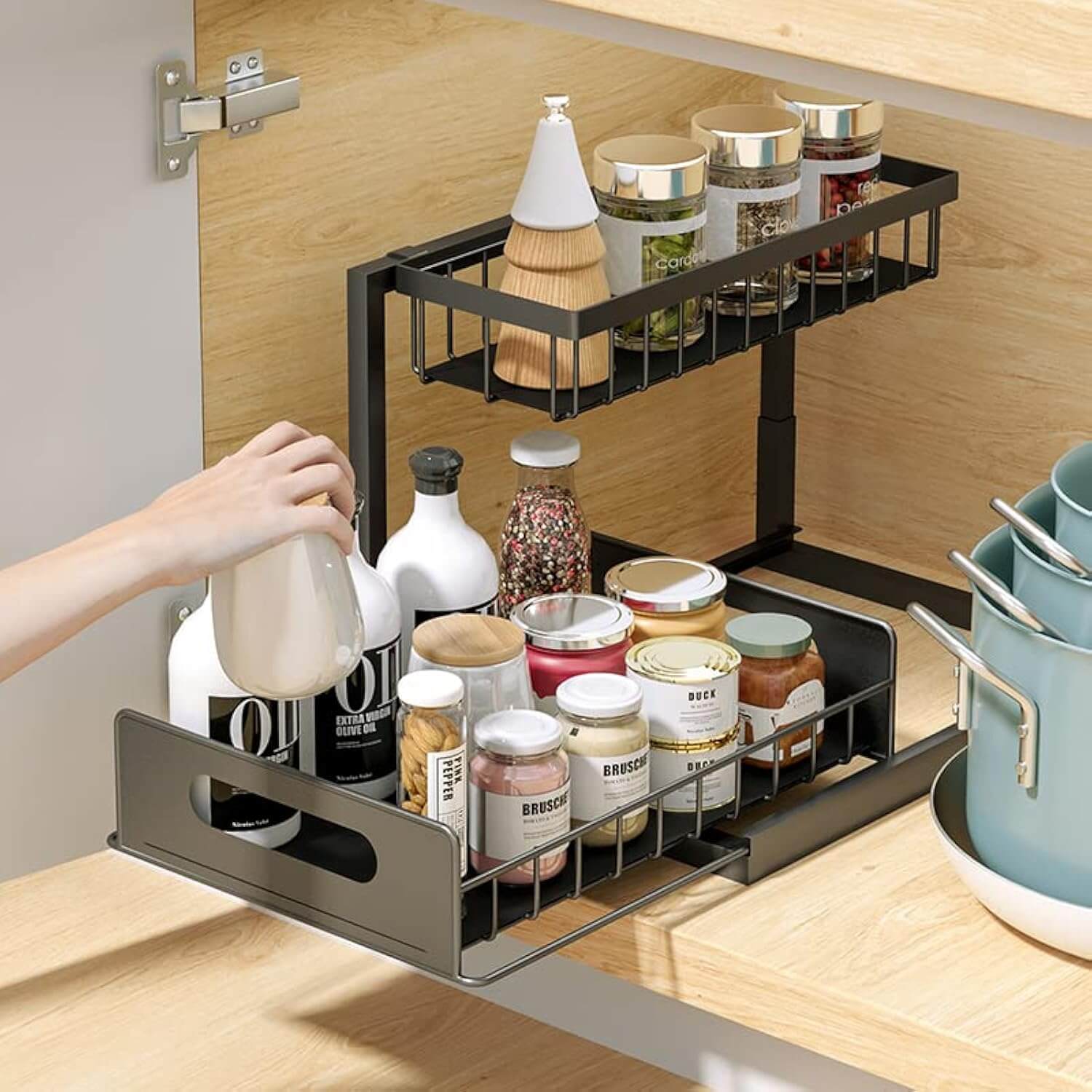 2-pack 2-tier sliding under sink organizers with hooks for bathroom and kitchen storage