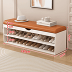 Modern white and orange shoe bench with upholstered seat and space-saving storage