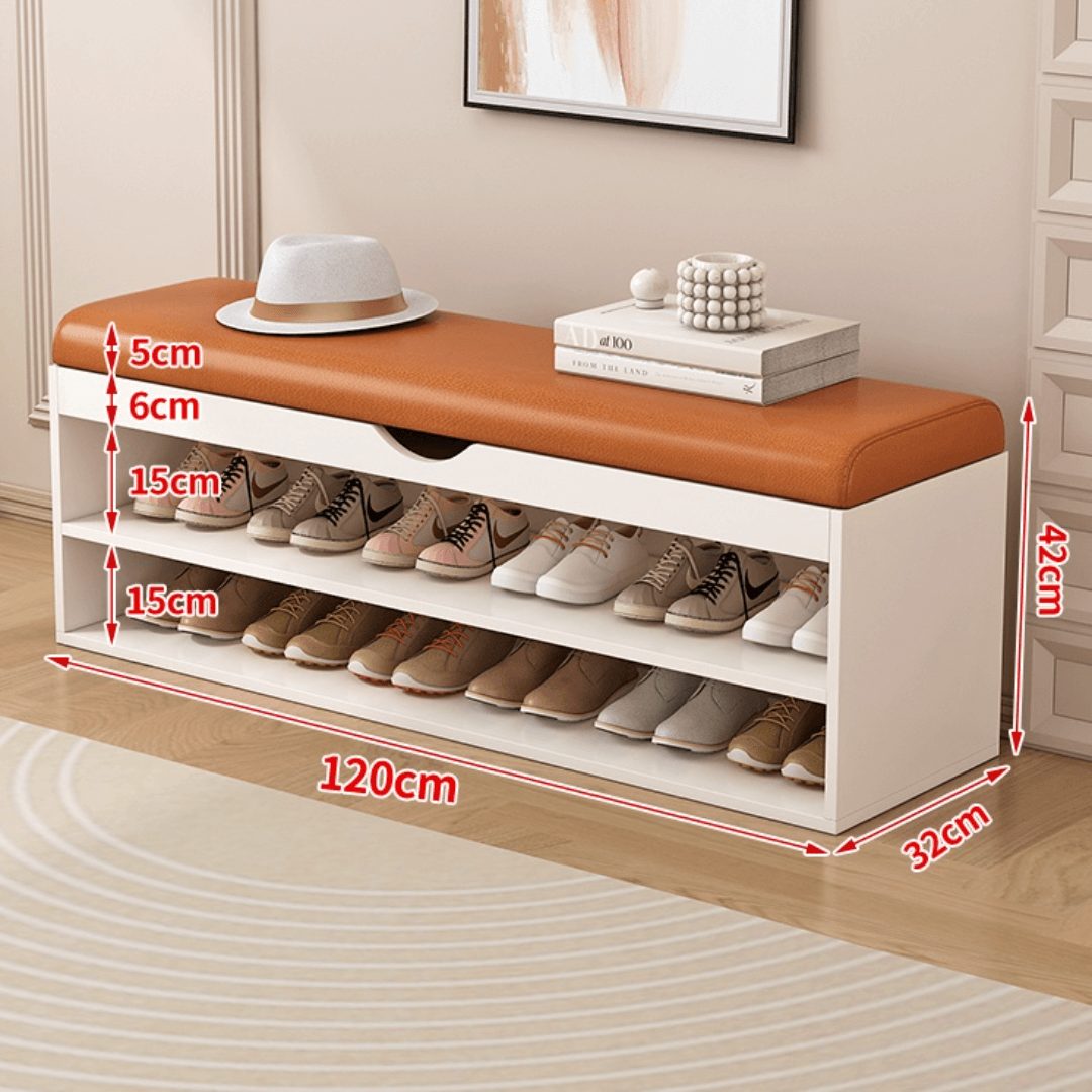 Modern white and orange shoe bench with upholstered seat and space-saving storage