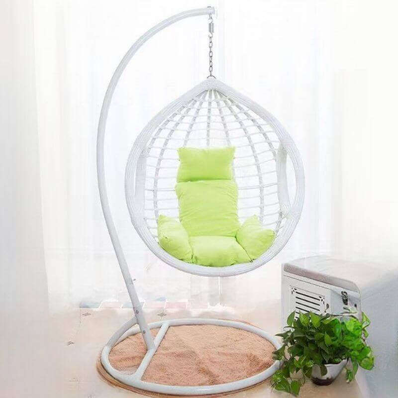 Two-seater metal porch swing egg chair with stand, cushions, and chain included