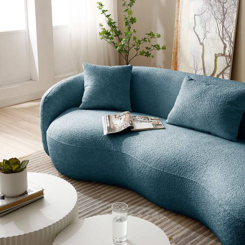 93.6" Modern Curved Sofa - Blue Boucle, 4-Seater