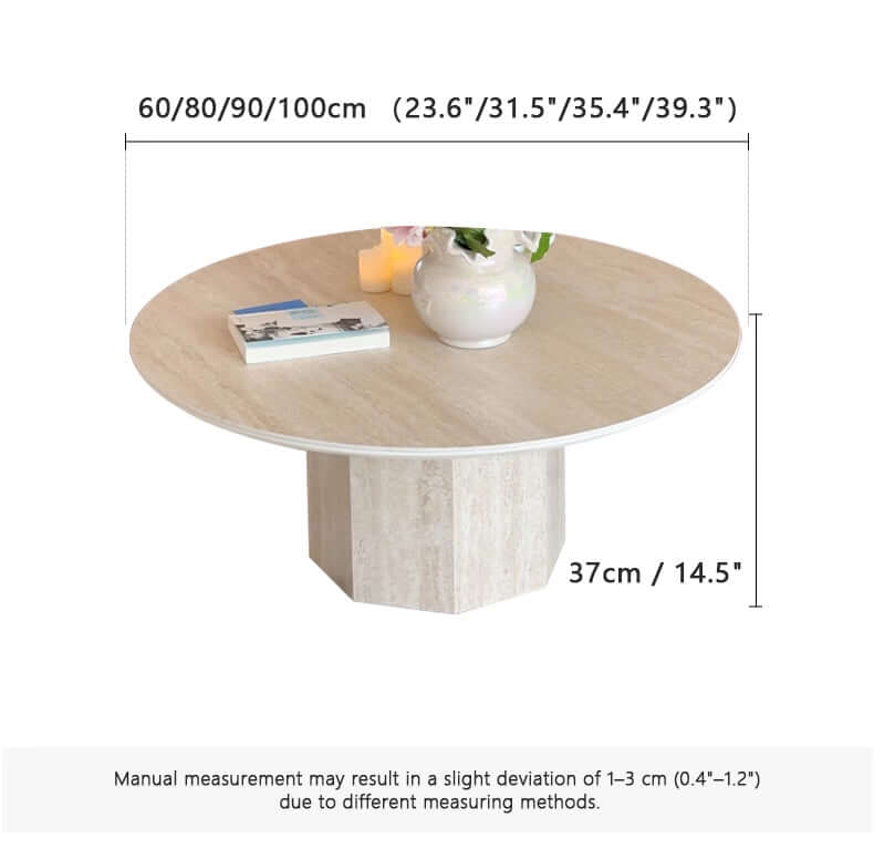 Round Japandi coffee table with beige travertine top and premium wood base