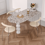 Half-elliptical terrazzo dining table with multicolor mosaic design, durable and stylish