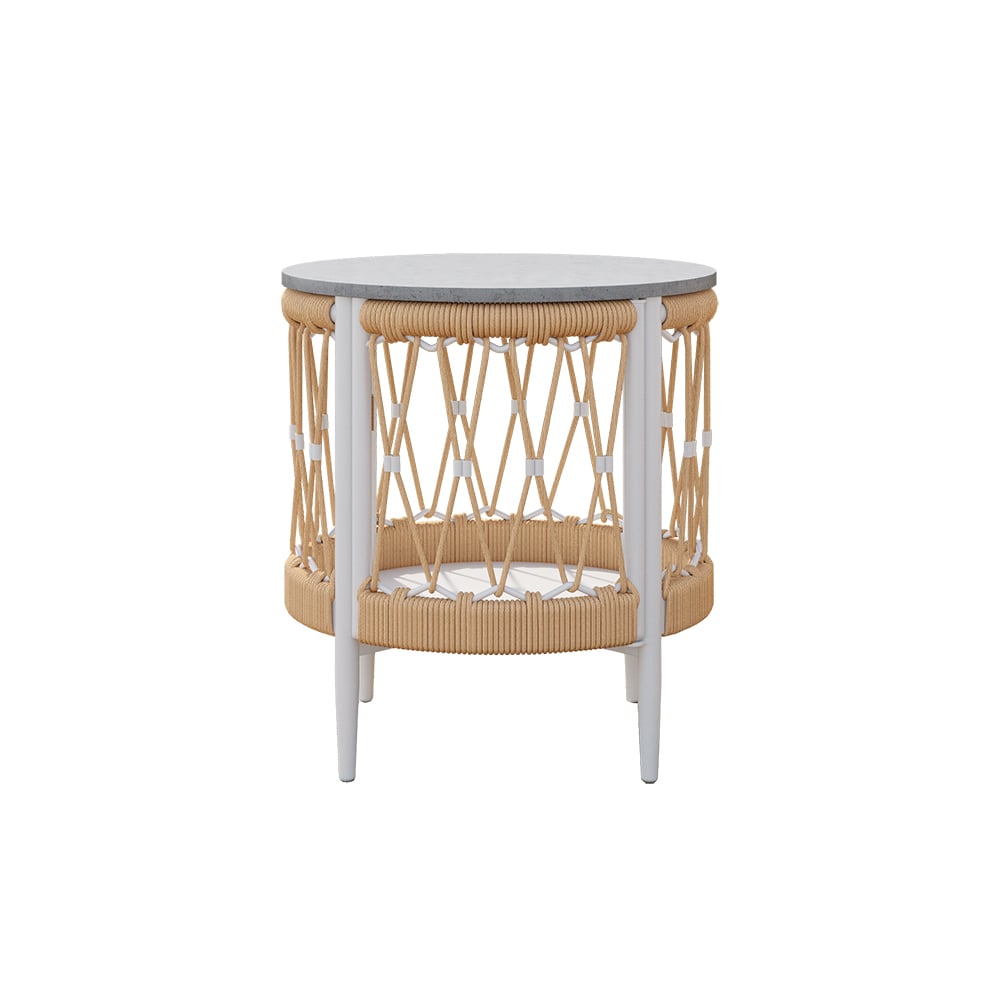 Outdoor 3-piece swivel sofa set with aluminum frame, weave rope, and side table in khaki