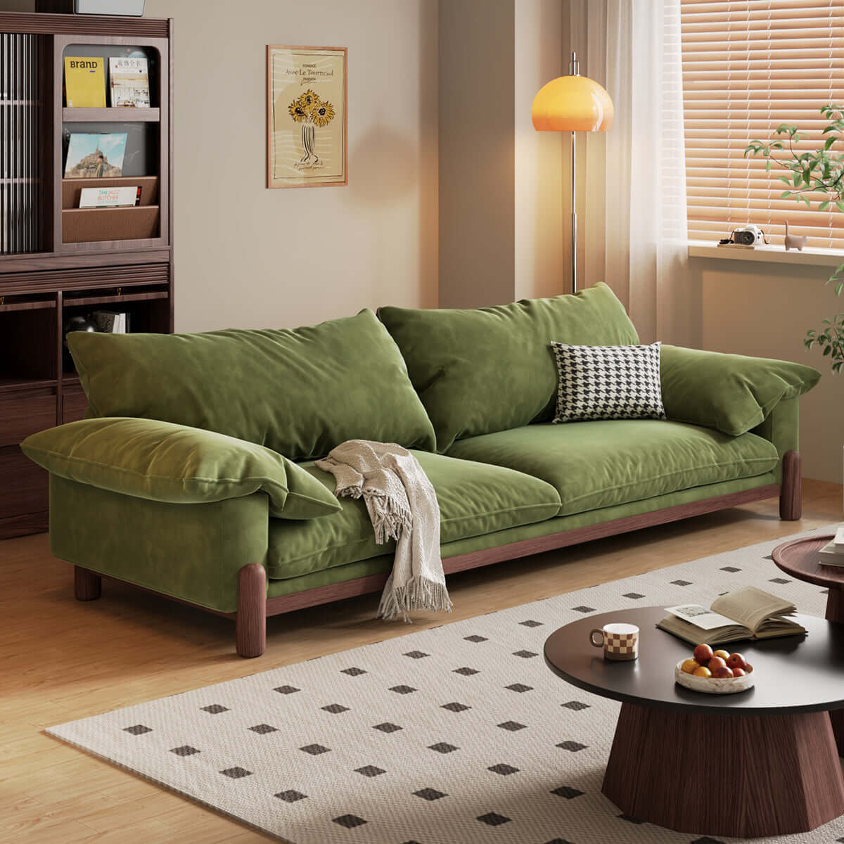 Wooden three-seater sofa with armrests offering oversized comfort and stylish design