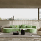 Modern green curved velvet sectional sofa with pillows, 4-seater upholstered couch, 109 inches long