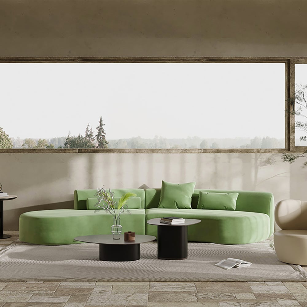 Modern green curved velvet sectional sofa with pillows, 4-seater upholstered couch, 109 inches long