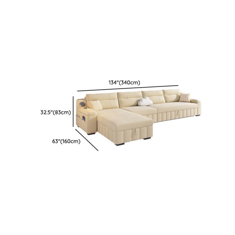 Dimension of Beige Twill Sofa Recliner with USB Port, Under-seat Storage, Left Orientation, and L-Shape Design, 134"L x 63"W x 33"H