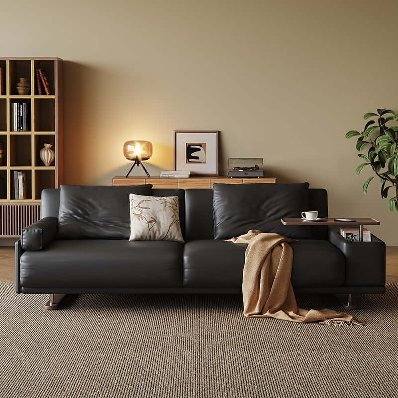 Modern minimalist folding sofa bed with reversible armrests and adjustable side table for versatile living spaces