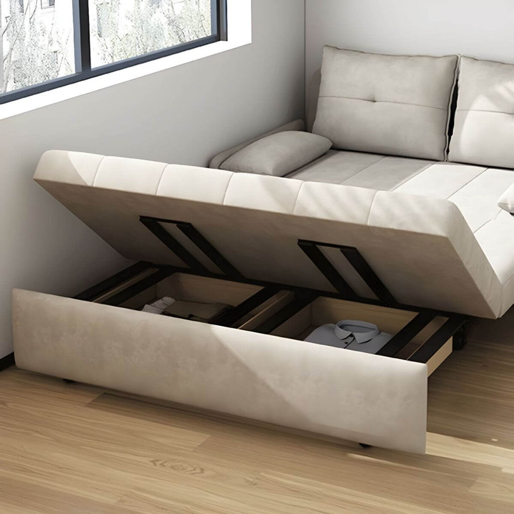 White polyester blend sleeper sofa with metal frame and casters, modern futon for versatile seating