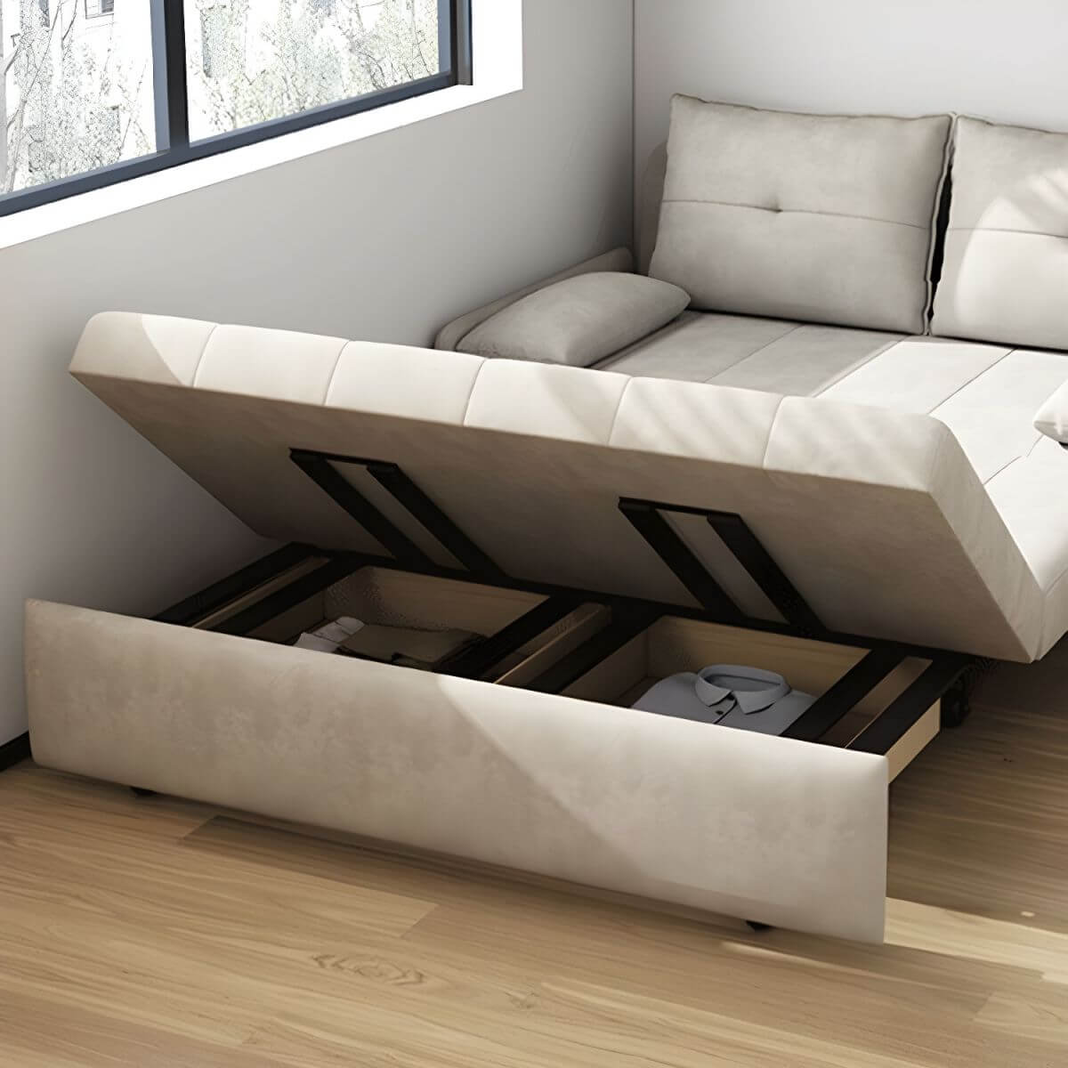 White polyester blend sleeper sofa with metal frame and casters, modern futon for versatile seating