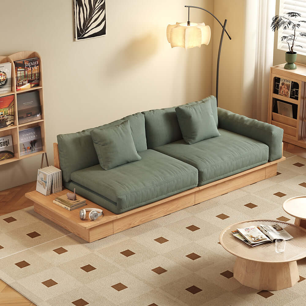 Cocochairs Floor Platform Wood Frame Sofa Bed – Reversible Armrests, Corduroy or Linen-Blend Upholstery