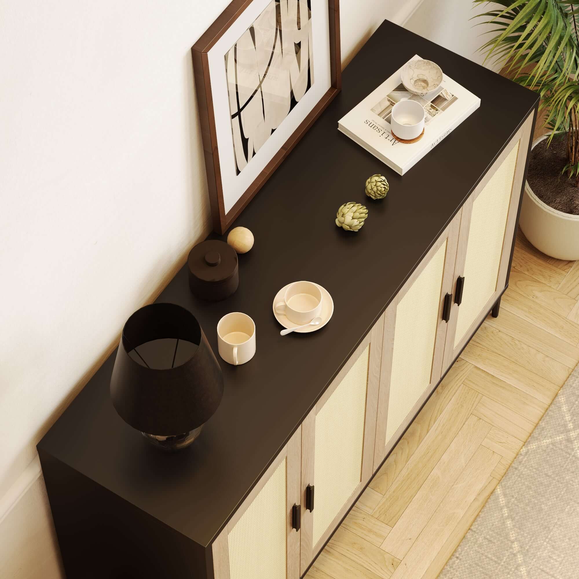 Sideboard cabinet with rattan decoration and four doors, measuring 48.42 inches wide
