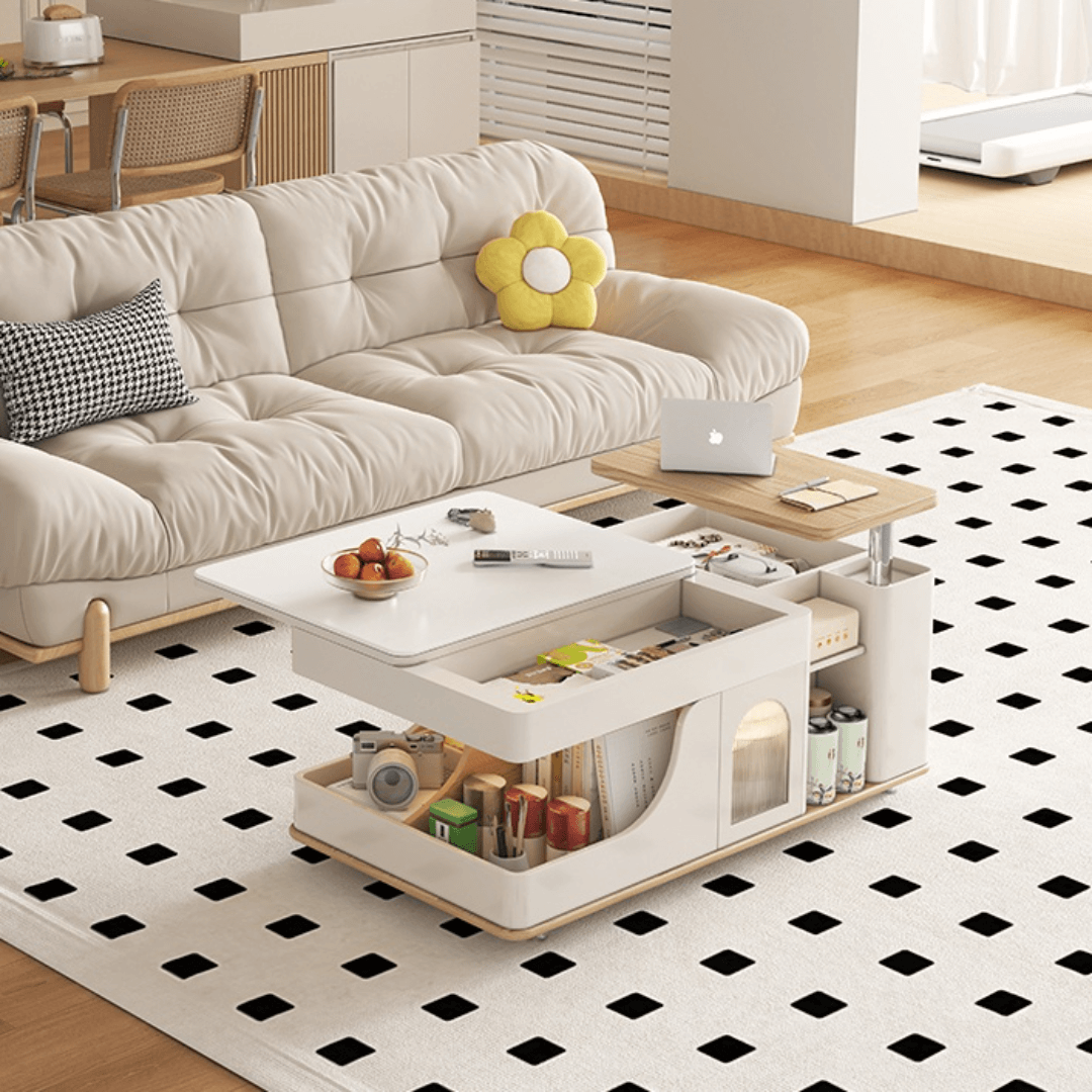 Cream lift-top coffee table with smart storage and easy mobility for modern living rooms