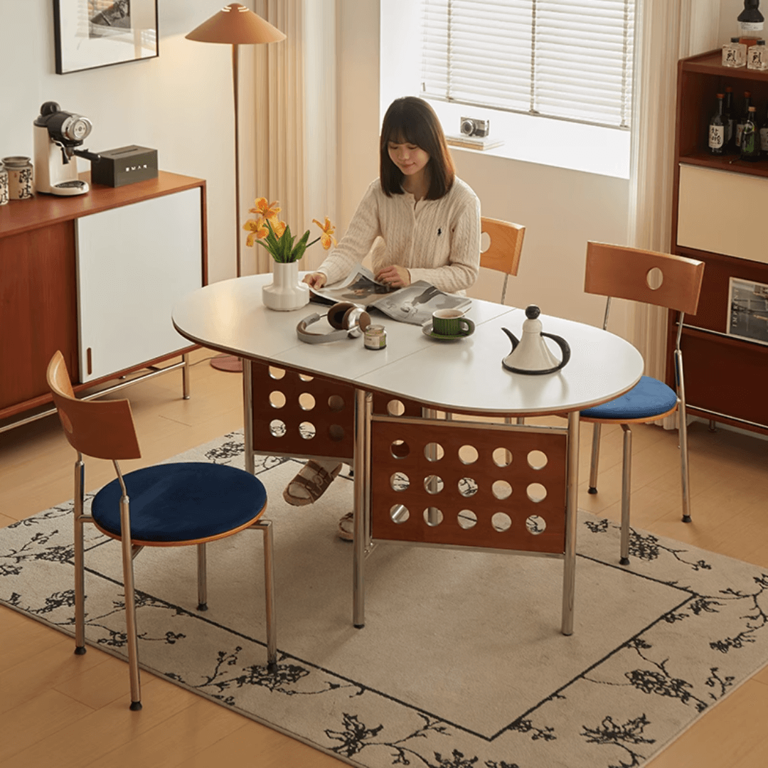 Retro-style dining table with smooth edges, perfect for family meals and work