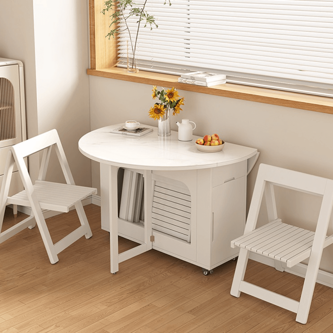 Round folding dining table with marble texture, perfect for small homes and space-saving design