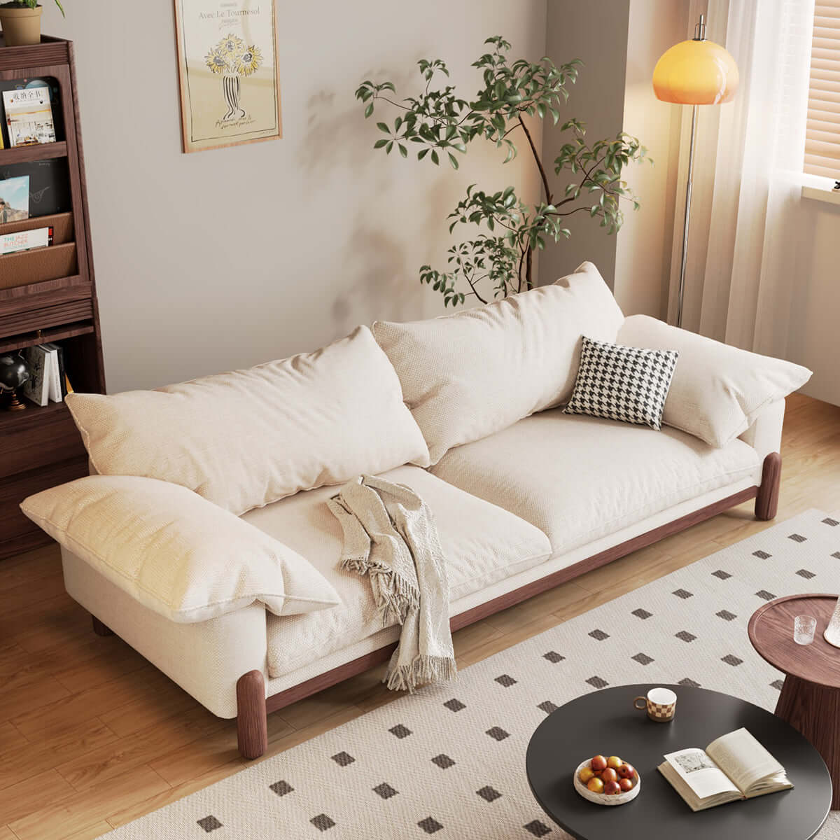 Wooden three-seater sofa with armrests offering oversized comfort and stylish design