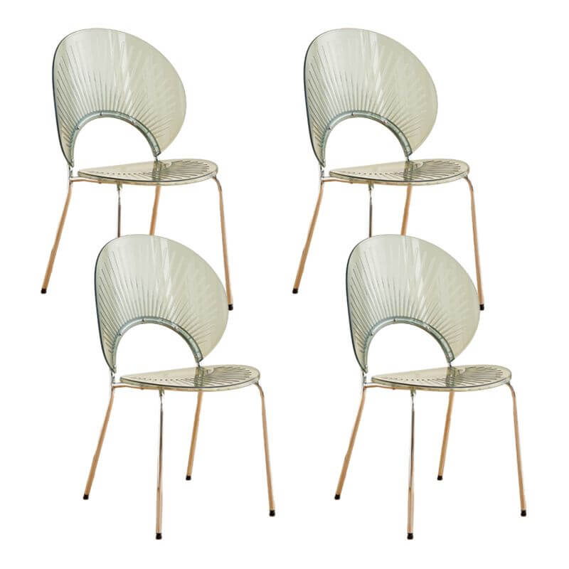 Stackable Scandinavian style dining chair with plastic seat, acrylic back, and silver legs