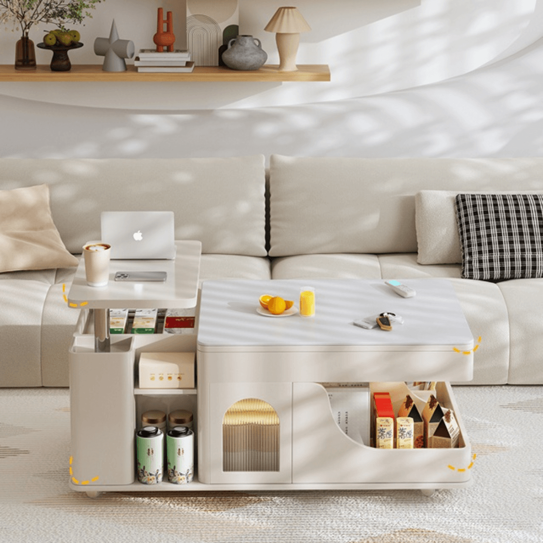 Cream lift-top coffee table with smart storage and easy mobility for modern living rooms