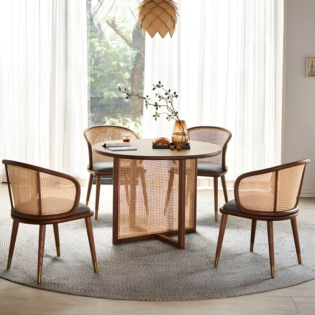 5-piece solid wood dining set with round rattan table and four chairs for dining room main product image Hauptbild