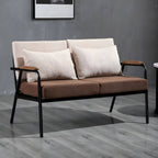 Mid century modern 2-seater sofa with black metal frame and solid wood arms