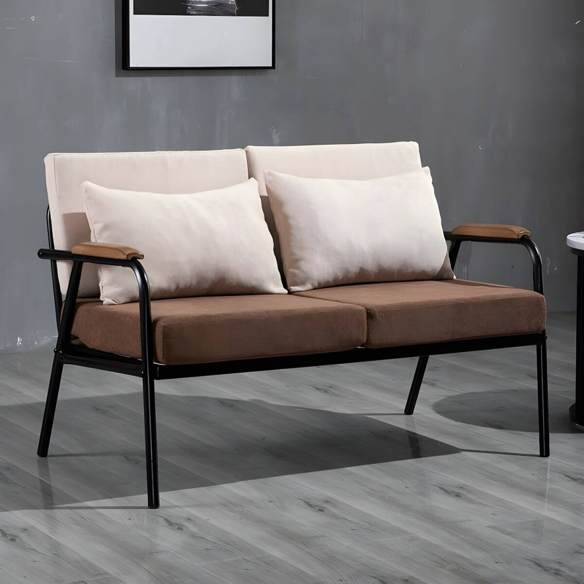 Mid century modern 2-seater sofa with black metal frame and solid wood arms