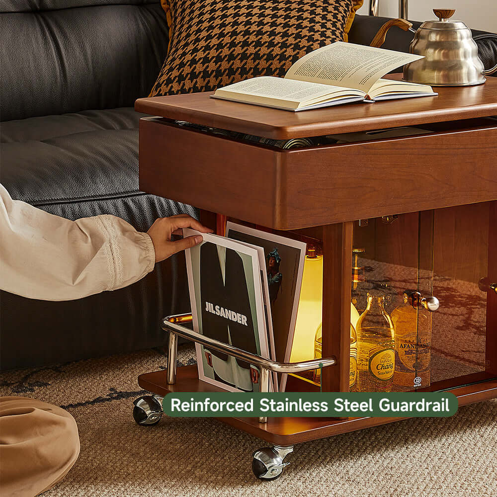 Adjustable solid wood mobile side cabinet with lift-up table top for versatile storage