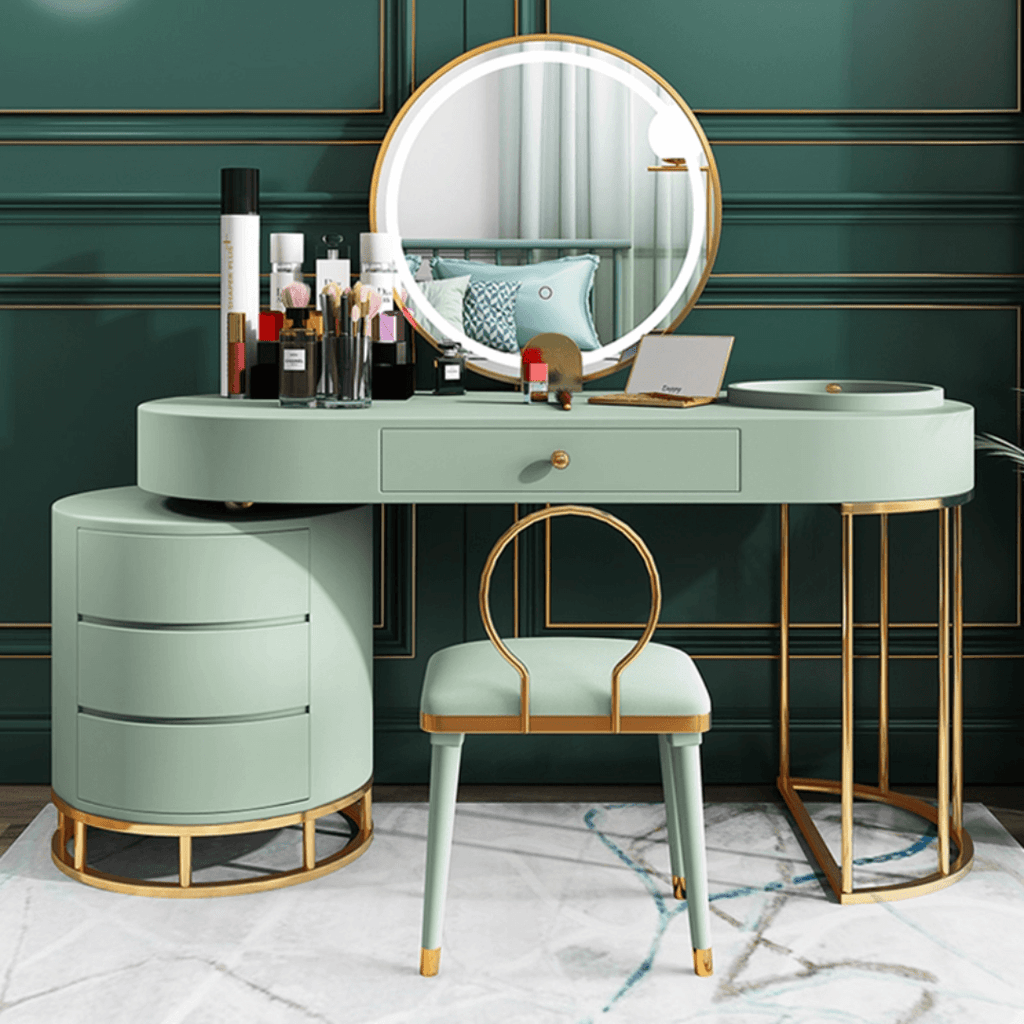 Makeup vanity set with extendable dressing table, side cabinet, mirror, and chair in white, pink, green, and blue