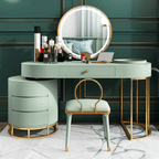Makeup vanity set with extendable dressing table, side cabinet, mirror, and chair in white, pink, green, and blue